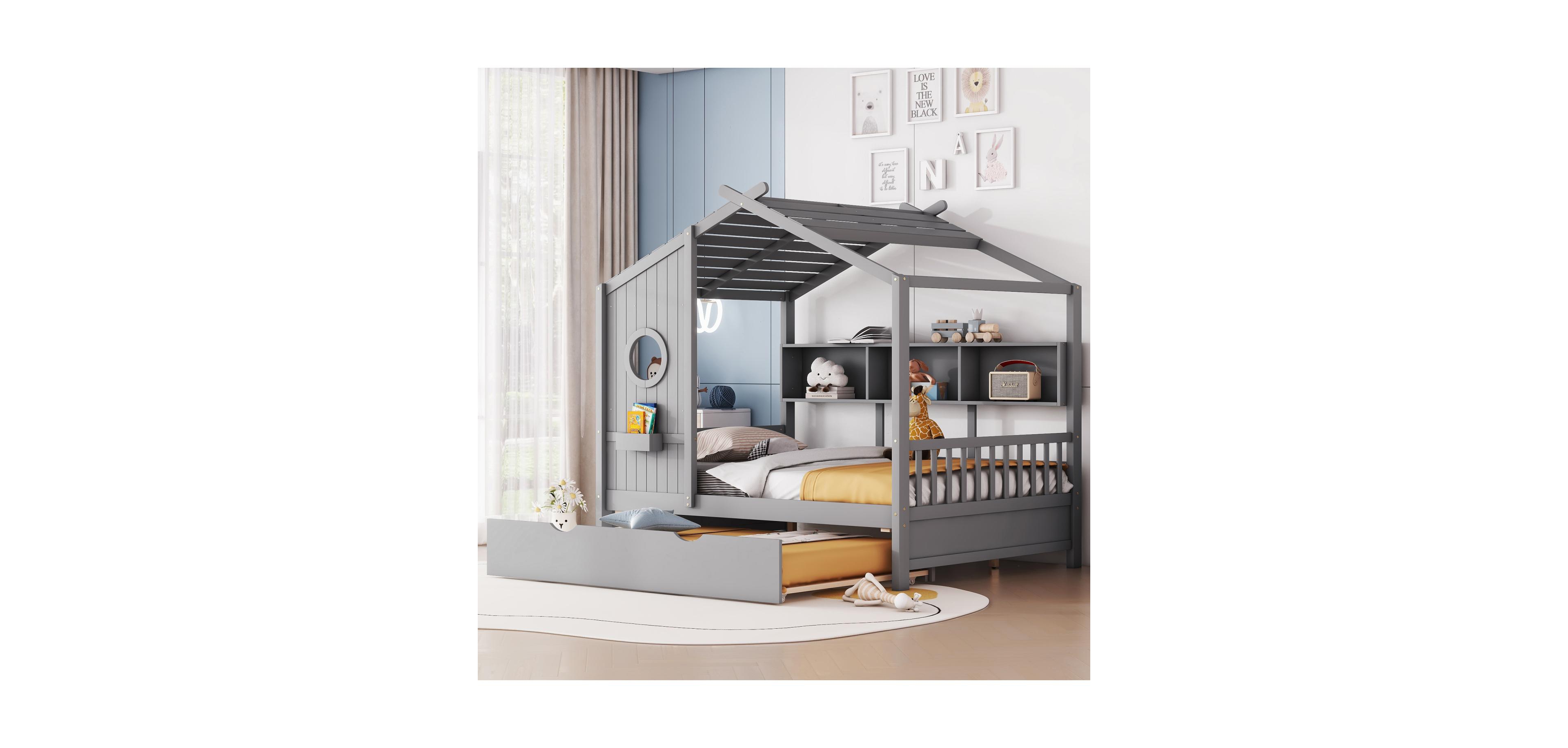 Streamdale Furniture Wooden Full Size House Bed with Trundle & Shelf