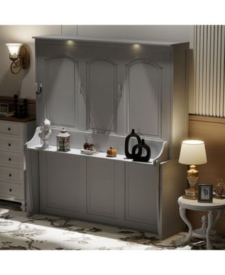 Queen Size Murphy Bed with Desk,LED Lights and USB Charging Station,Gray