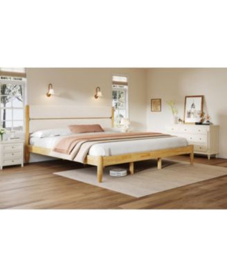 King Size Solid Wood Bed Frame With Fleece Upholstered Headboard