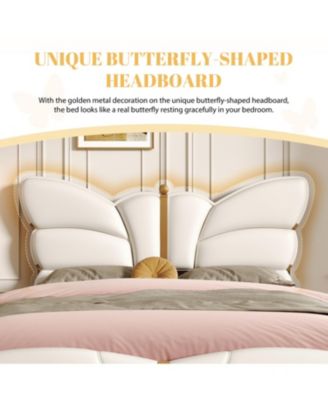 Upholstered PU Leather Bed Frame, Butterfly Headboard, Gold Metal.