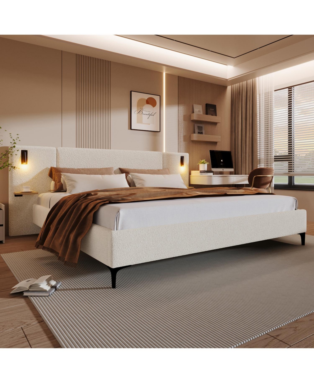 Streamdale Furniture Queen Chic Boucle Upholstered Bed with Integrated Lights and Shelves