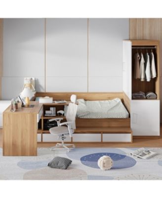 Full size Wooden Platform Bed with 6 Drawers, Shelves, desk and Wardrobe