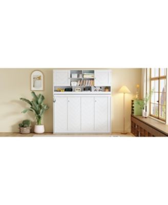 Queen Size Wall Murphy Bed with Ample Storage Space and Chevron Stripes, White