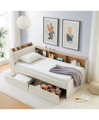 Twin Velvet Daybed- Storage Headboard, Wireless Charging, LED, Beige