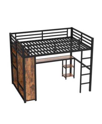 Queen Loft Bed Frame Wardrobe, Desk & Shelves - Woodgrain