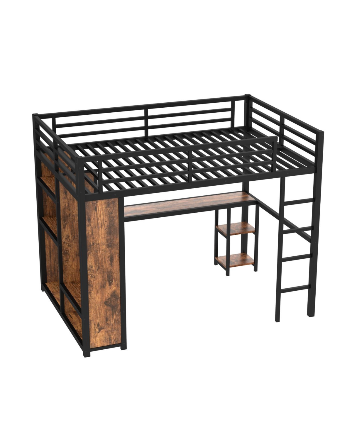 Streamdale Furniture Queen Loft Bed Frame Wardrobe, Desk & Shelves - Woodgrain