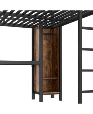  Queen Loft Bed with Wardrobe, Desk & Storage - Black Woodgrain