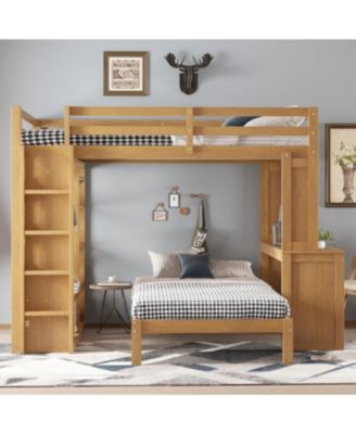  Queen over Twin Bunk Bed with Desk, Shelves & Wardrobe - Natural