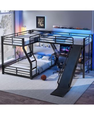 L-Shaped Twin/Full Bunk Bed with Loft, Slide & USB, Black