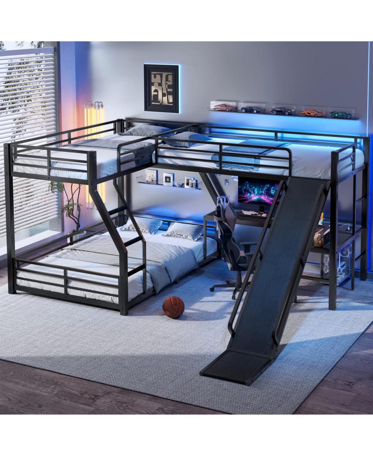 Streamdale Furniture L-Shaped Twin/Full Bunk Bed with Loft, Slide & Usb, Black
