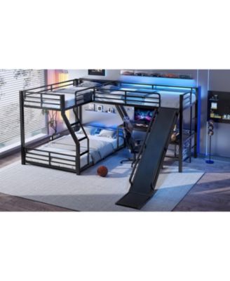 L-Shaped Twin/Full Bunk Bed with Loft, Slide & USB, Black