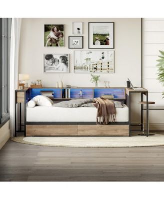  Corner Bed Frame Twin with Bookcase, Drawers, LED, Charging