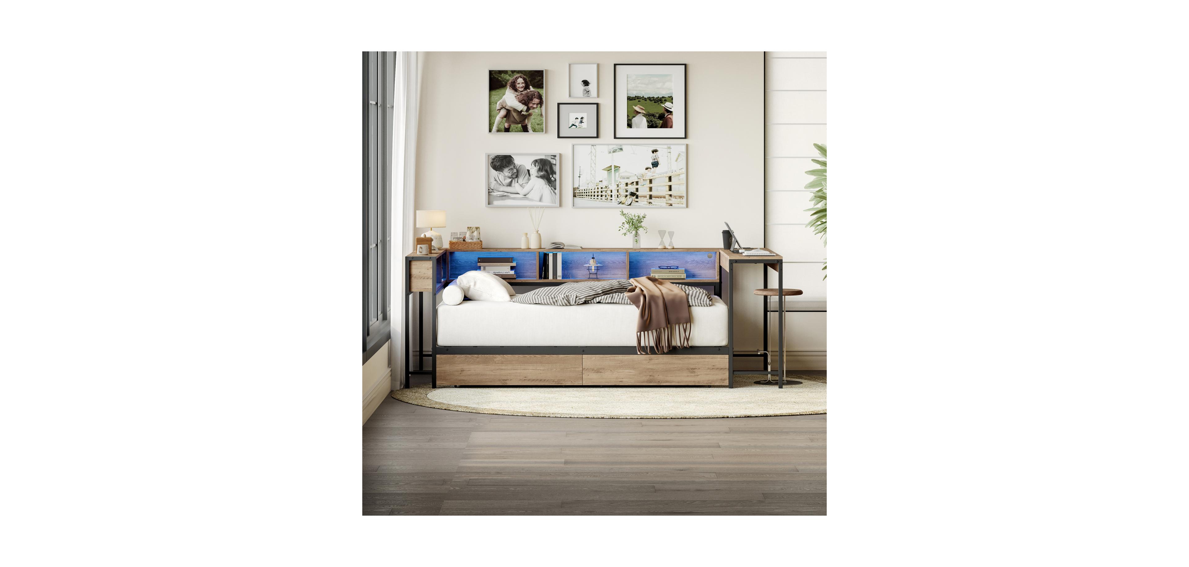 Streamdale Furniture Corner Bed Frame Twin with Bookcase, Drawers, Led, Charging, Grey