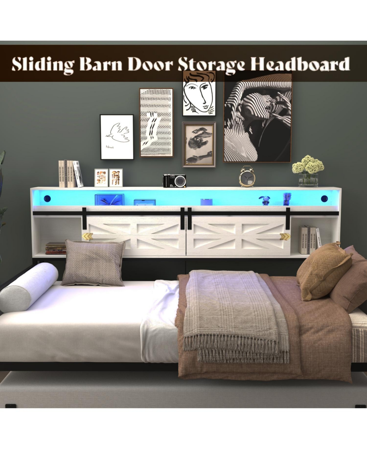 Streamdale Furniture Twin Daybed with Trundle, Barn Door Headboard, Charging Station