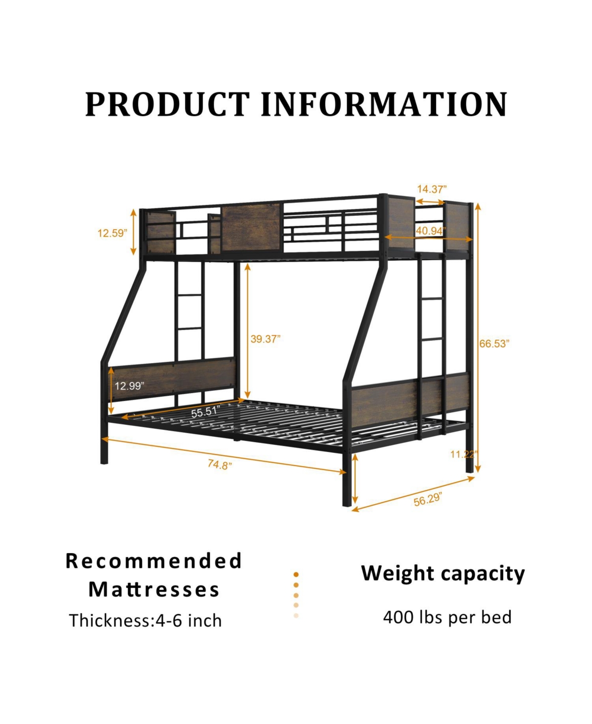 Streamdale Furniture Streamdale Twin Over Full Metal Bunk Bed with Safety Rails & 2 Ladders