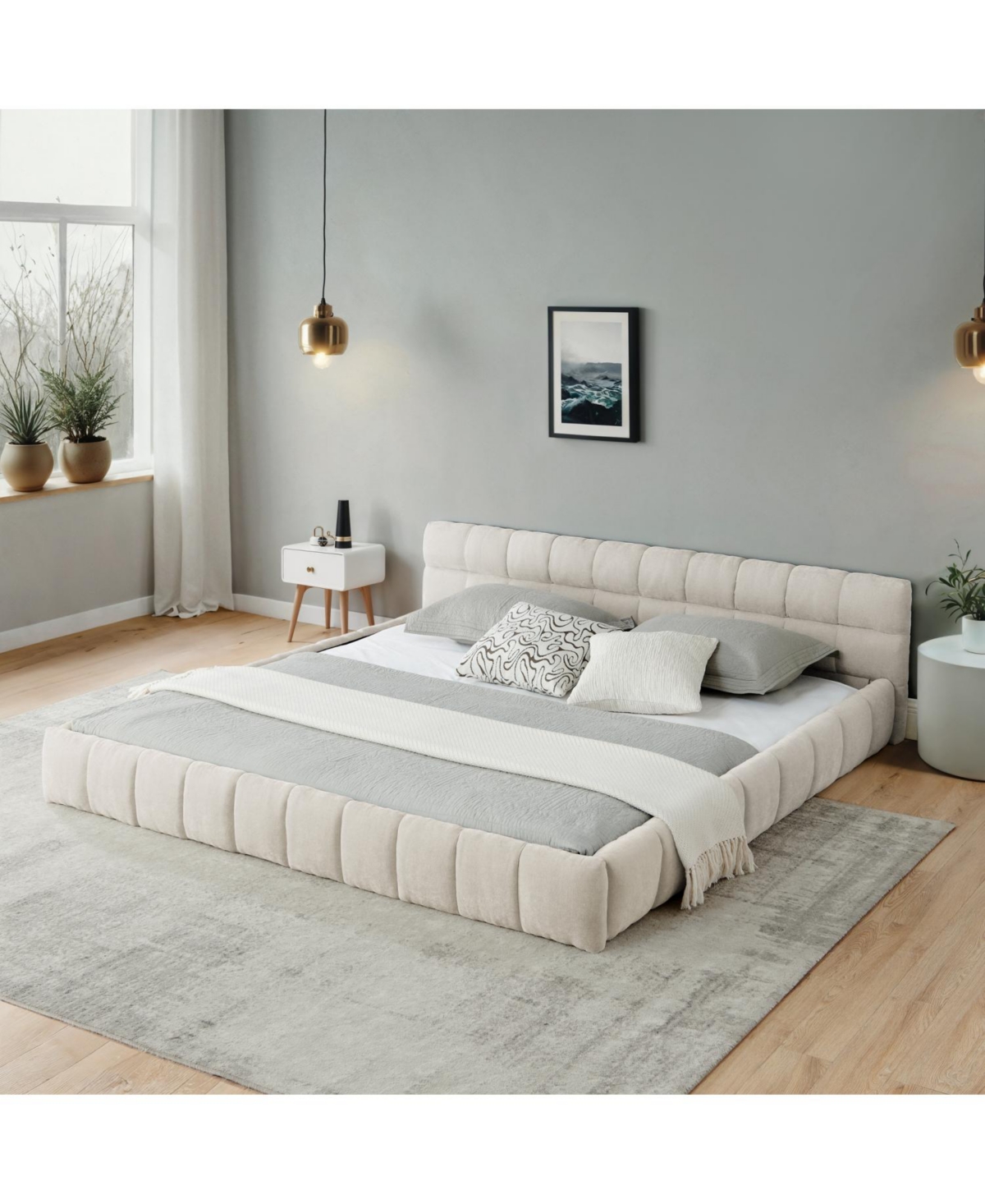 Streamdale Furniture California King Upholstered Platform Bed Frame - Beige