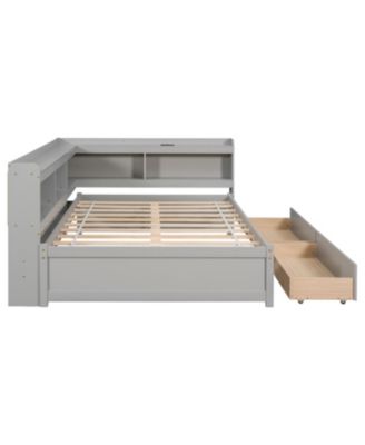 L-Shaped Bookcase Bed with Power Outlets, USB & Drawers - Grey