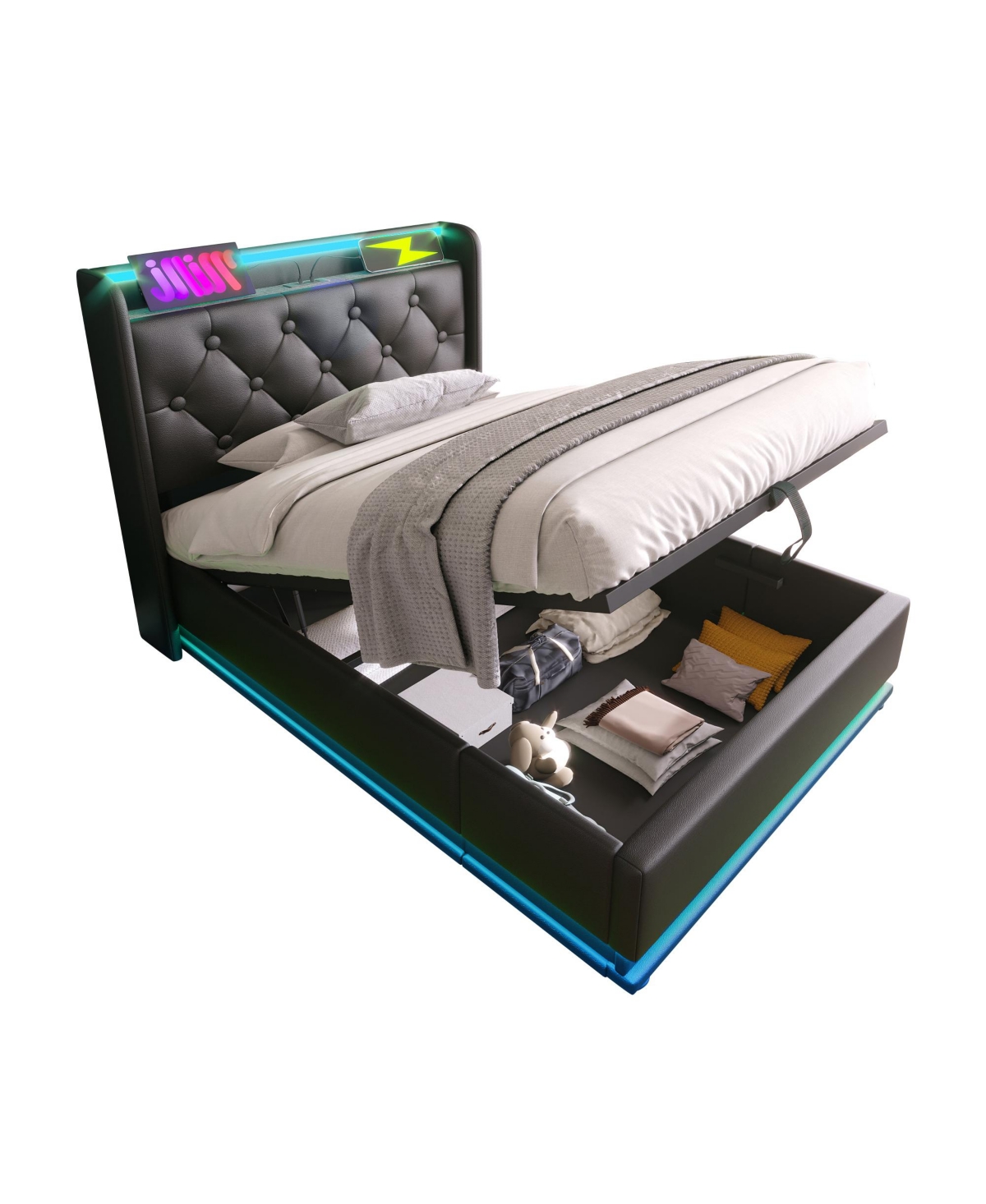 Streamdale Furniture Twin-Size Upholstered Led Bed with Hydraulic Storage