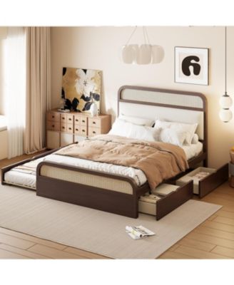 Wooden Platform Bed with Trundle and 2 Drawers