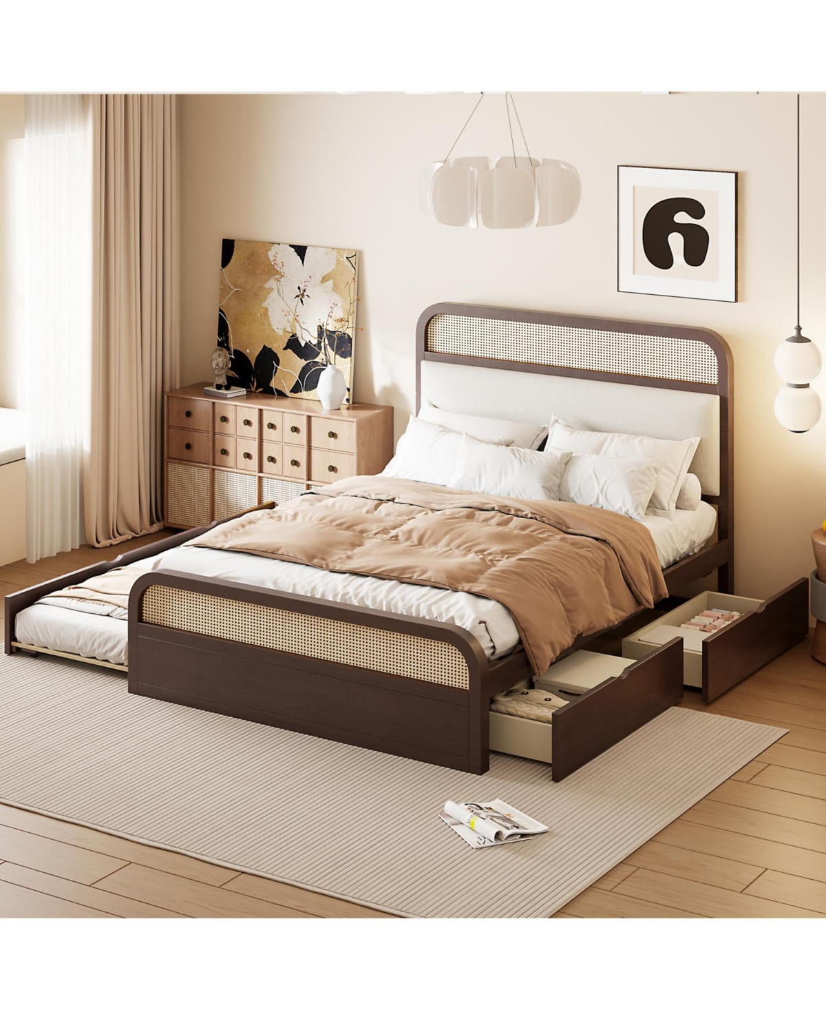 Streamdale Furniture Wooden Platform Bed with Trundle and 2 Drawers