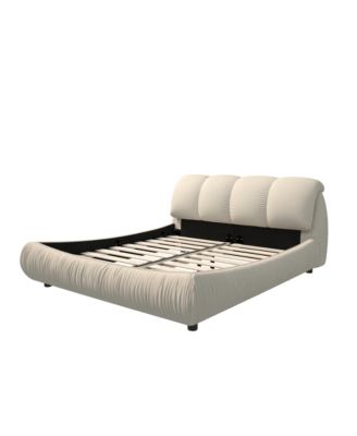  Beige Upholstered Platform Bed with Oversized Backrest