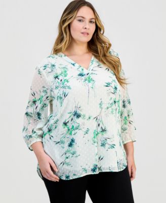 Plus Size Printed Swiss Dot Blouson-Sleeve Blouse