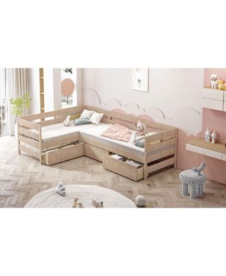 Twin Size L-shaped Platform Bed with Three Storage Drawers