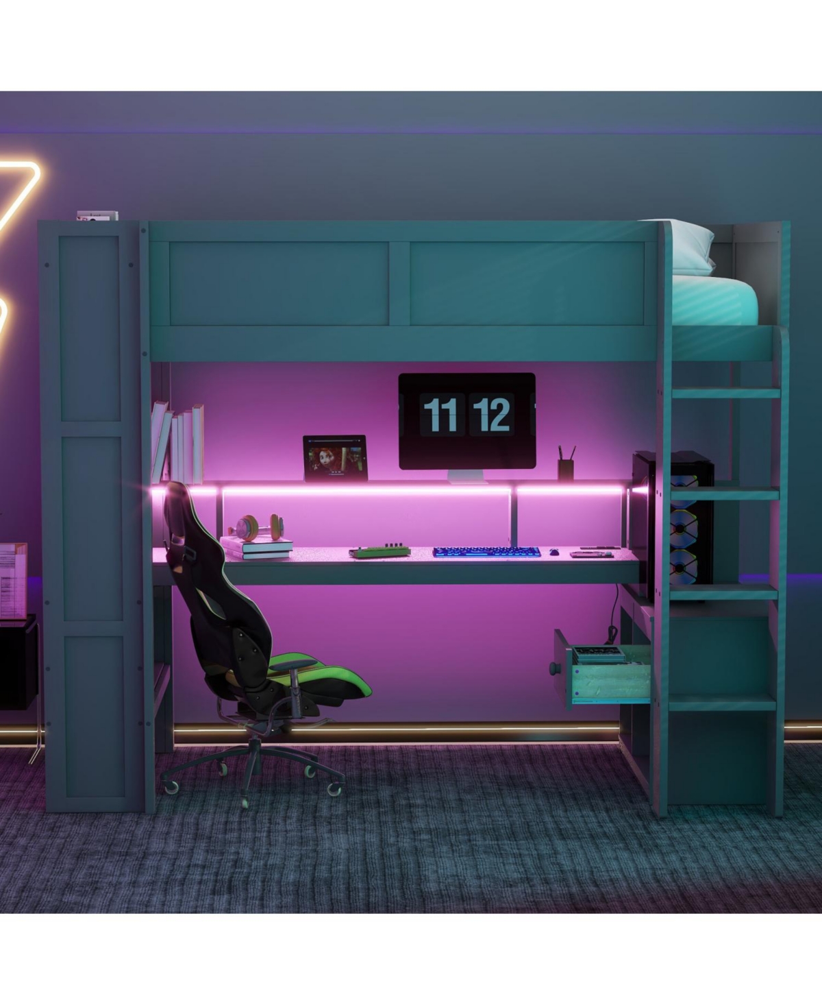 Streamdale Furniture Twin Gaming Loft Bed with Desk, Led & Charging