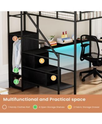 Full Loft Bed w/ Desk, LED, Charging, Wardrobe & Drawers