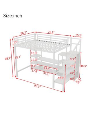  Full Size White Metal Loft Bed with Staircase & Wardrobe