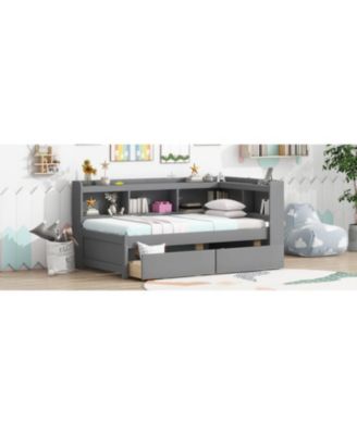 Twin L-Shaped Bookcase Bed w/ Outlets & Drawers - Grey