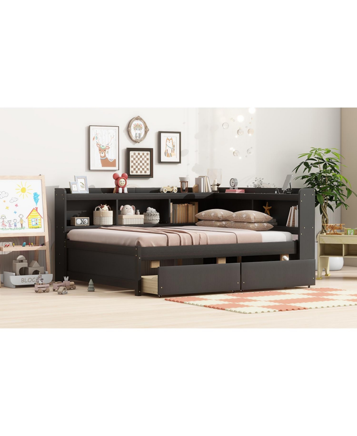 Streamdale Furniture L-Shaped Bed with Bookcase, Drawers, Usb & Power - Espresso
