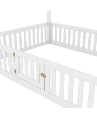 Full Size Wood House Bed with Fence and Door