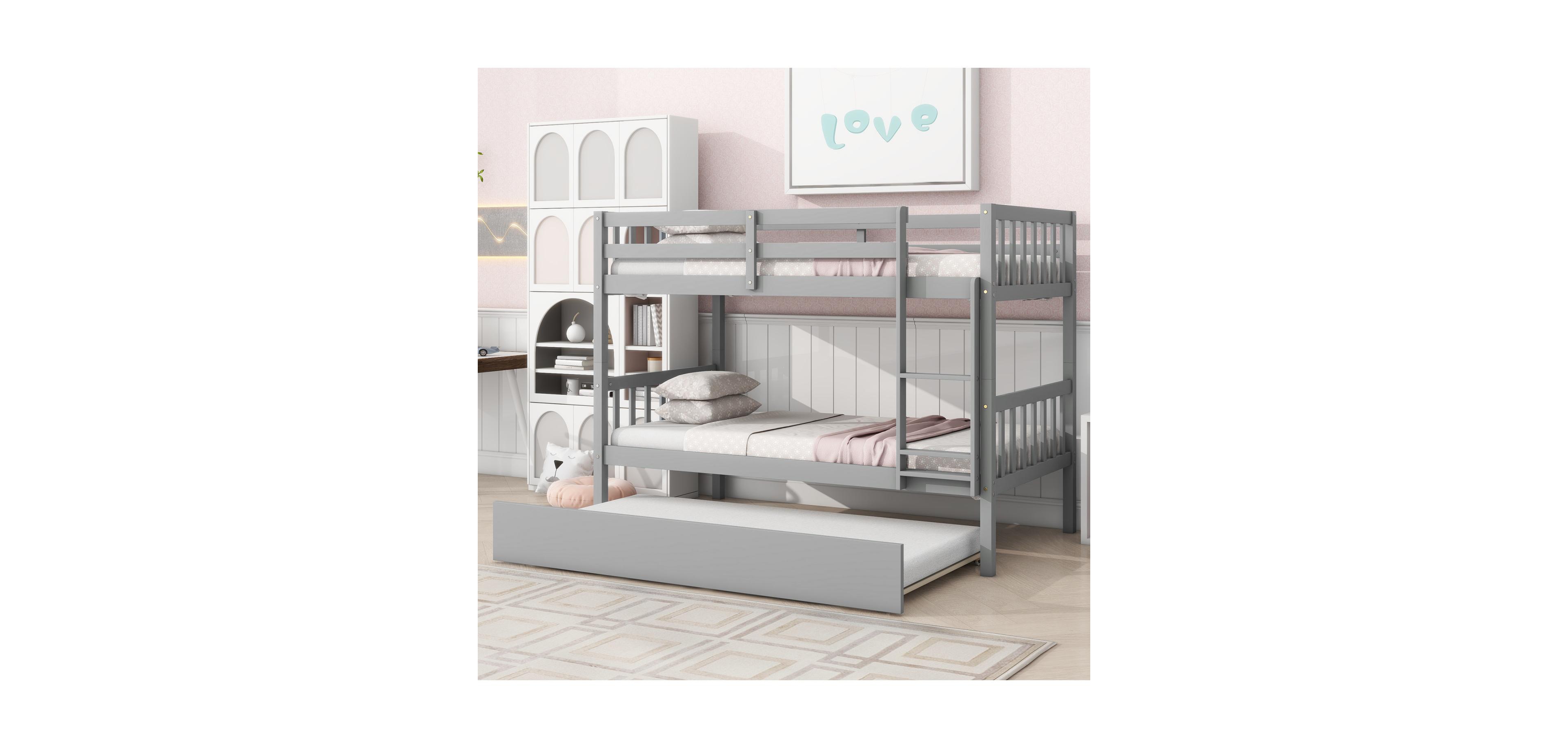 Streamdale Furniture Convertible Twin Bunk Bed with Trundle, Grey