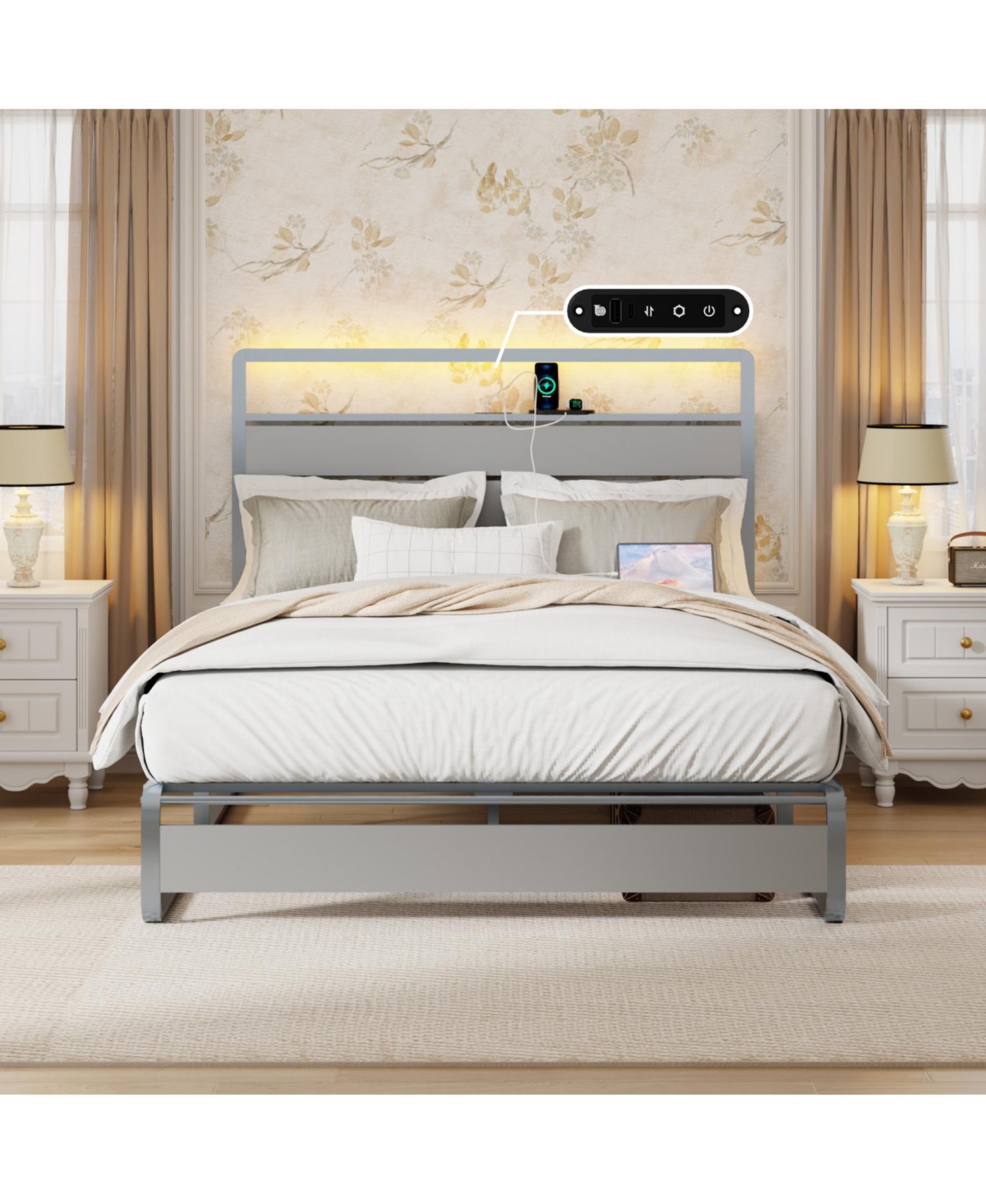 Streamdale Furniture Queen Size Metal Platform Bed with Led, Charger