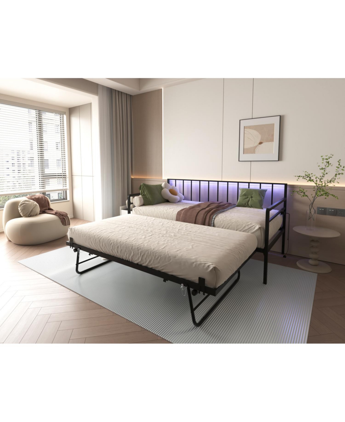 Streamdale Furniture Twin Daybed with Rgb Led Lights & Charging Station, Adjustable Frame & Trundle