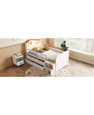 Streamdale Low Loft Bed with LED Lights, Wooden Twin Loft Bed with House Shape Headboard, Kids Loft Bed with Storage Drawers