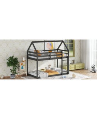 Twin over Twin Rubber Wood Floor Bunk Bed, with ladder,Guardrails,House-Shaped