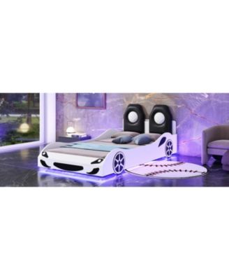  Wood Twin Size Race Car-Shaped Platform Bed with LED and Upholstered Backrest