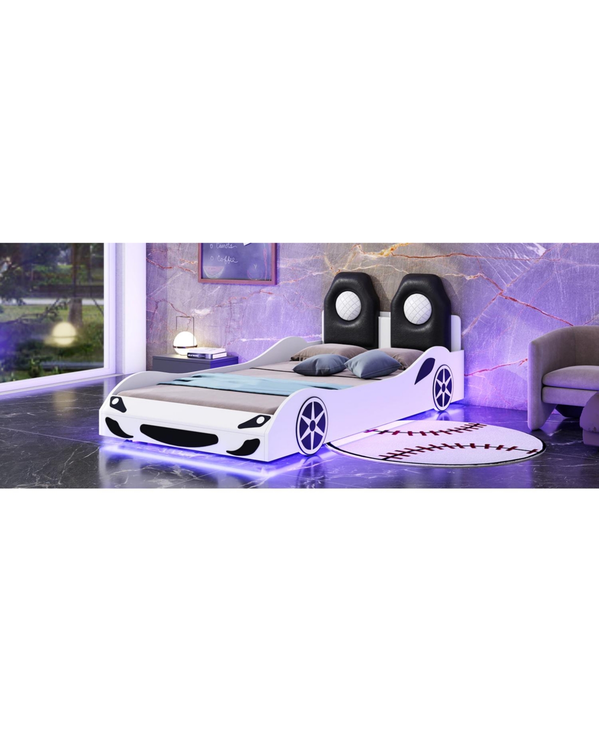 Streamdale Furniture Wood Twin Size Race Car-Shaped Platform Bed with Led and Upholstered Backrest