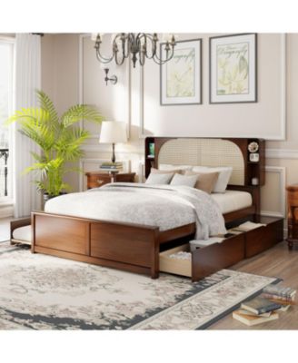 Queen Size Rattan Headboard Bed with Two Drawers and Trundle