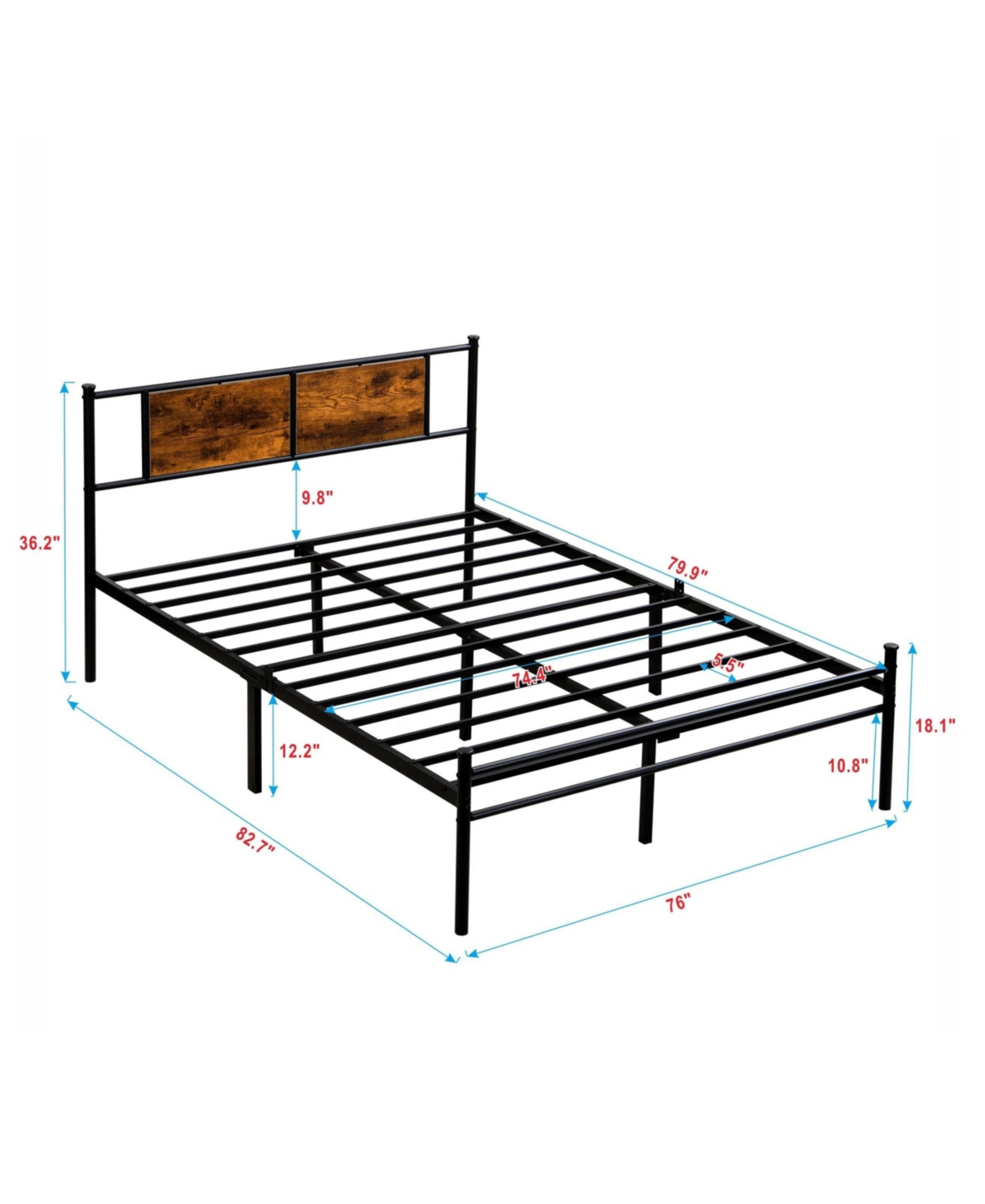Streamdale Furniture King Metal Bed Frame with Headboard and Wood Panel Accents in Black