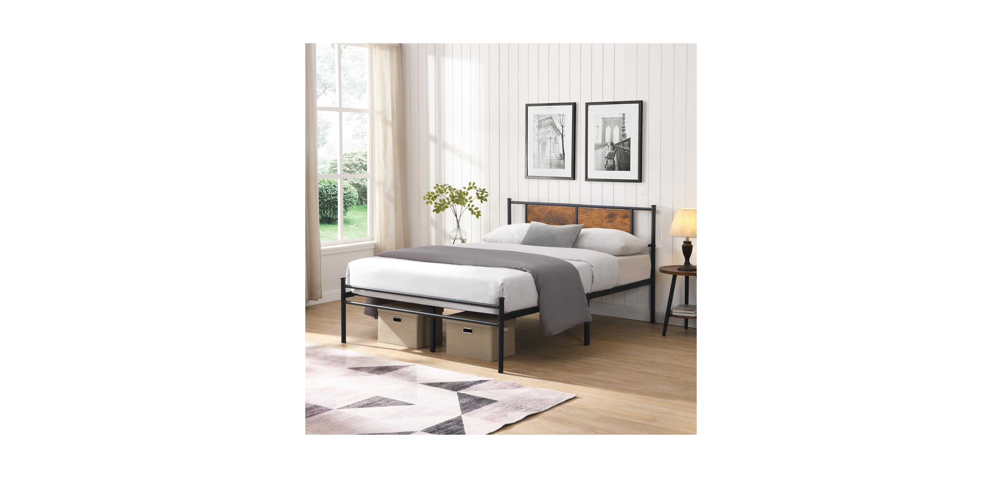 Streamdale Furniture King Metal Bed Frame with Headboard and Wood Panel Accents in Black