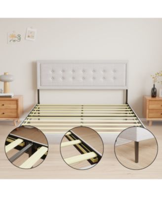  Iron Platform Bed Frame with Wooden slats support & Upholstered Headboard