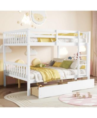 Full Rubber Wood Bunk Bed with Two Drawers, Convertible into 2 Beds