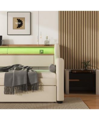 Twin Size Daybed with Trundle, Upholstered Daybed with Charging Station and LED Lights