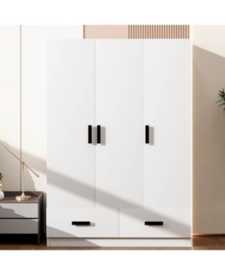 3 Door Wardrobe Closet with Storage Drawers, Shelves and Hanging Rod