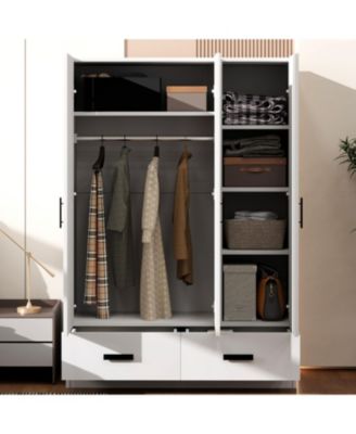 3 Door Wardrobe Closet with Storage Drawers, Shelves and Hanging Rod