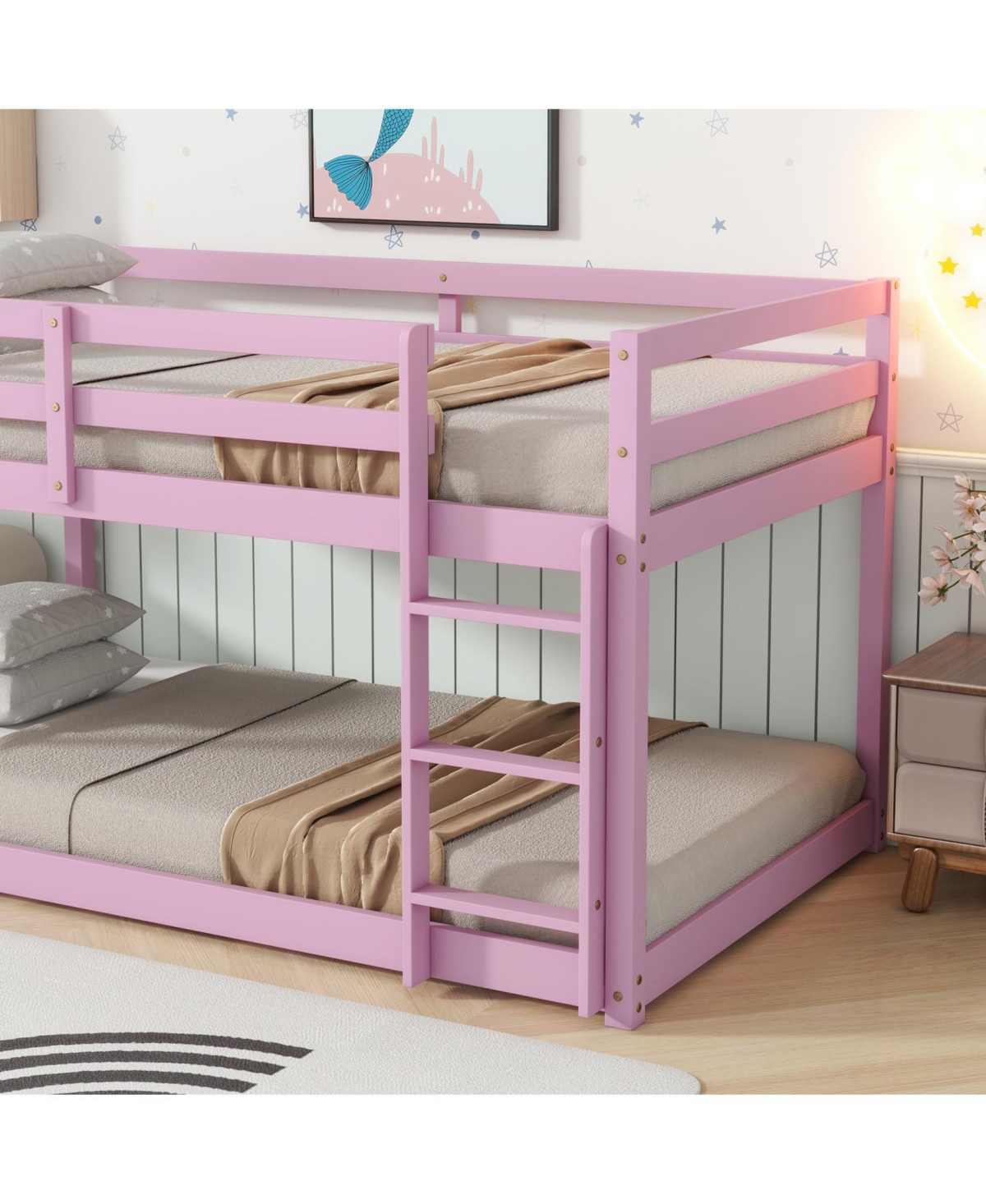 Streamdale Furniture Solid Wooden, Solid Rubber Wooden Twin over Twin Loft Bed with Ladder, with Bed Platform of Strengthened Slats, Pink