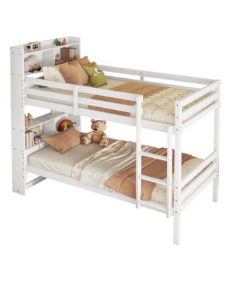 Twin Over Twin Bunk Bed with Shelves and Guardrails, Convertible to 2 Beds